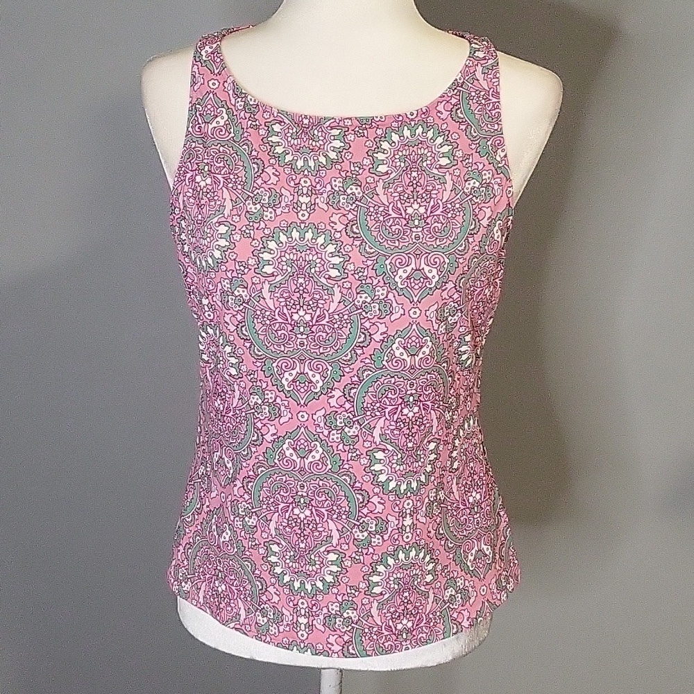 Lands' End Pink and Green Paisley Shelf Bra Tankini Top Size 12